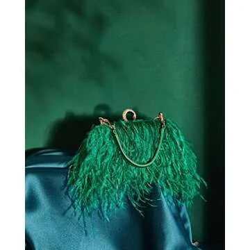 Tessco Women Ostrich Feather Tote Bag Fluffy Purse Clutch Feather Evening Handbag for Wedding(Green)