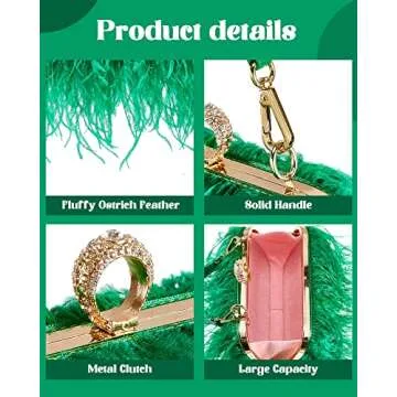 Tessco Women Ostrich Feather Tote Bag Fluffy Purse Clutch Feather Evening Handbag for Wedding(Green)