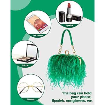 Tessco Women Ostrich Feather Tote Bag Fluffy Purse Clutch Feather Evening Handbag for Wedding(Green)
