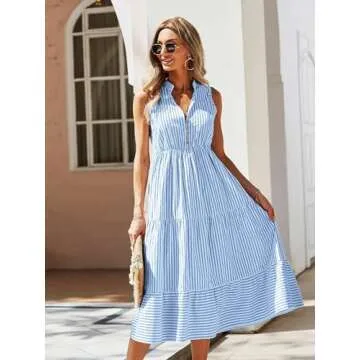 Floerns Women's Striped Print Notched Neck Sleeveless Ruffle A Line Midi Dress Blue S