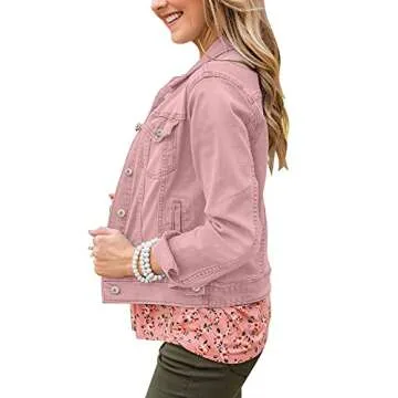 LookbookStore Pink Denim Jacket for Women Fall Jackets for Women 2025 Denim Jackets Classic Trucker Jackets Basic Long Sleeves Button Down Fitted Jean Jackets for Women Lightweight Size XL Size 16 18