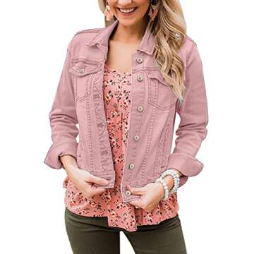 LookbookStore Pink Denim Jacket for Women Fall Jackets for Women 2025 Denim Jackets Classic Trucker Jackets Basic Long Sleeves Button Down Fitted Jean Jackets for Women Lightweight Size XL Size 16 18