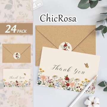 ChicRosa 24 Pack Wildflower Thank You Cards Bulk Vintage Flower Greeting Cards with Kraft Envelope Sticker Retro Floral Blank Note Cards for Birthday Wedding Baby Shower Bridal Shower, 4 x 6 Inch