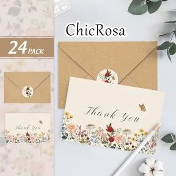 ChicRosa 24 Pack Wildflower Thank You Cards Bulk Vintage Flower Greeting Cards with Kraft Envelope Sticker Retro Floral Blank Note Cards for Birthday Wedding Baby Shower Bridal Shower, 4 x 6 Inch