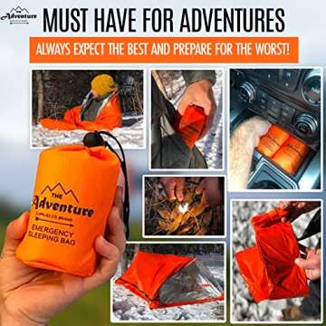 Emergency Sleeping Bag & Tent Shelter, Stocking Stuffer! Combo Prepper kit Survival Tent, Bivy Sack Tent, Sleeping Bag, Fire Starter + Whistle, Mylar Thermal Adventure Supply Co.