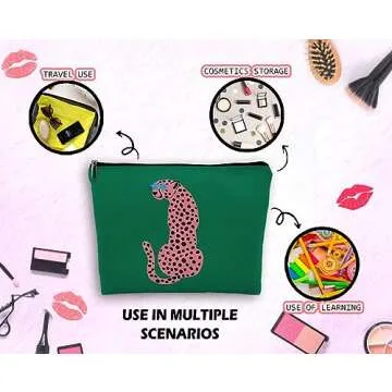 Dwept Preppy Leopard Print Cosmetic Bag, Wildlife Animal Asian Pink Cheetah Makeup Bag Zipper Cosmetic Pouch Bag Travel Linen Makeup Organizer, Trendy Gifts for Women Teen Teenager Girls Her Teens