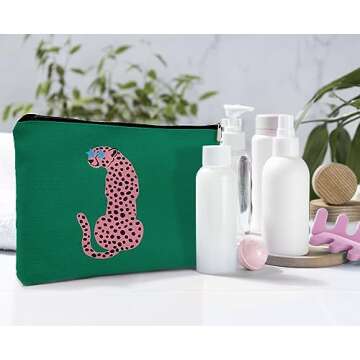 Dwept Preppy Leopard Print Cosmetic Bag, Wildlife Animal Asian Pink Cheetah Makeup Bag Zipper Cosmetic Pouch Bag Travel Linen Makeup Organizer, Trendy Gifts for Women Teen Teenager Girls Her Teens