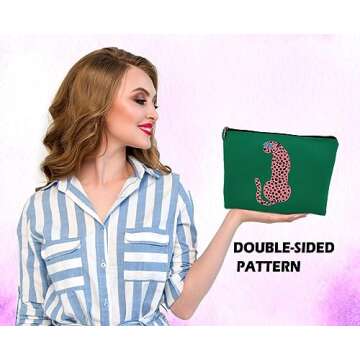 Dwept Preppy Leopard Print Cosmetic Bag, Wildlife Animal Asian Pink Cheetah Makeup Bag Zipper Cosmetic Pouch Bag Travel Linen Makeup Organizer, Trendy Gifts for Women Teen Teenager Girls Her Teens