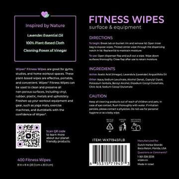 Wipex Gym Wipes – Natural Fitness Equipment Wipes, Plant-Based Cloth - Lavender and Vinegar Wipes to Clean Surfaces, Safe Yoga Mat Cleaner Wipes, All Purpose Gym Cleaner & Peloton Wipes, 400 Count