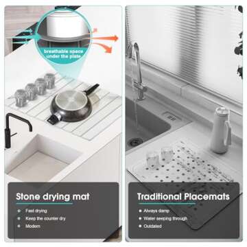 DomiViStar Large Collapsible Stone Dish Drying Mat, 24"×16",Heat-resistant Mat for Kitchen Counter,Instant Drying,Fast Dry Pad for Utensils,Pots and Bottles,Diatomaceous Earth Mats, White Marble