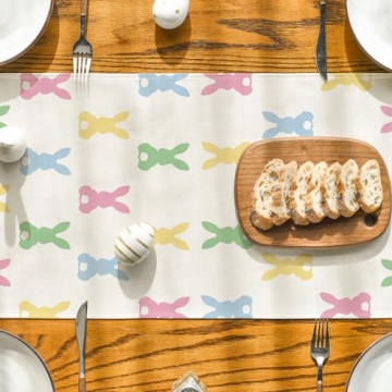 Artoid Mode Green Pink Bunny Rabbit Easter Table Runner, Spring Kitchen Dining Table Decoration for Home Party Decor 13x72 Inch