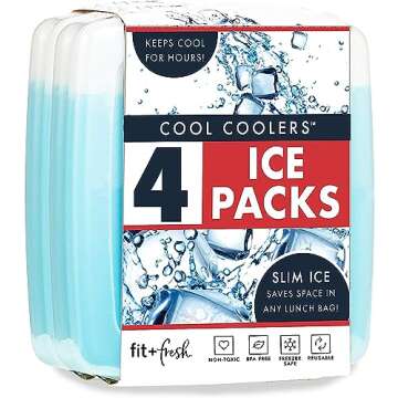 Cool Coolers By Fit & Fresh 4 Pack Slim Ice Packs, Quick Freeze Space Saving Reusable Ice Packs for Lunch Boxes or Coolers, Blue