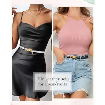 YZFSM 2 Pack Women Skinny Leather Belt Solid Color Gold Buckle Adjustable Waistband for Dresses Jean...