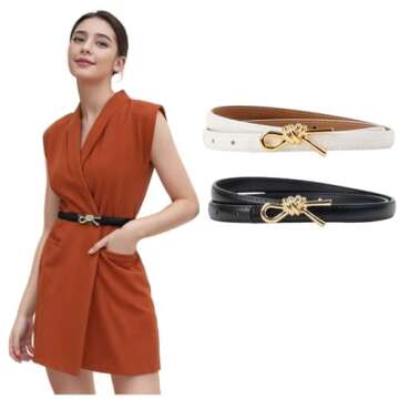 YZFSM 2 Pack Women Skinny Leather Belt Solid Color Gold Buckle Adjustable Waistband for Dresses Jeans Coats (Gold Buckle Black+White)