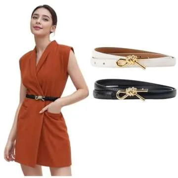 YZFSM 2 Pack Women Skinny Leather Belt Solid Color Gold Buckle Adjustable Waistband for Dresses Jeans Coats (Gold Buckle Black+White)