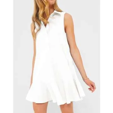 Flygo Tunic Mini Shirt Dress for Women 2024 - Button Down Sleeveless Cotton Dress with Pockets (Whit...