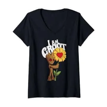 Womens Marvel I Am Groot Heart Eyes Sunflower Portrait V-Neck T-Shirt