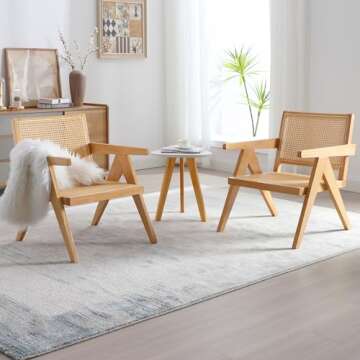 ABET Cane Accent Chairs Set of 2, Wooden Comfy Rattan Living Room Chairs with Woven Backrest & Seat,...