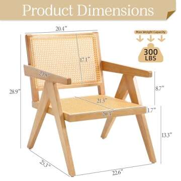ABET Cane Accent Chairs Set of 2, Wooden Comfy Rattan Living Room Chairs with Woven Backrest & Seat, Solid Leisure Armchair, Mid-Century Boho Cane Lounge Chairs for Bedroom, Patio, Balcony, Natural