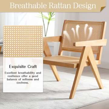 ABET Cane Accent Chairs Set of 2, Wooden Comfy Rattan Living Room Chairs with Woven Backrest & Seat, Solid Leisure Armchair, Mid-Century Boho Cane Lounge Chairs for Bedroom, Patio, Balcony, Natural