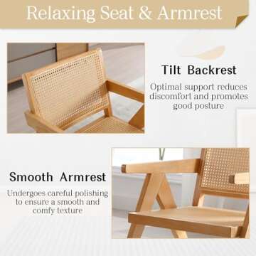 ABET Cane Accent Chairs Set of 2, Wooden Comfy Rattan Living Room Chairs with Woven Backrest & Seat, Solid Leisure Armchair, Mid-Century Boho Cane Lounge Chairs for Bedroom, Patio, Balcony, Natural