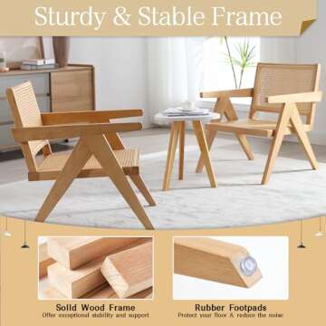 ABET Cane Accent Chairs Set of 2, Wooden Comfy Rattan Living Room Chairs with Woven Backrest & Seat, Solid Leisure Armchair, Mid-Century Boho Cane Lounge Chairs for Bedroom, Patio, Balcony, Natural