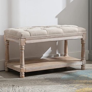 DUOMAY Farmhouse Tufted Storage Ottoman Bench with Shelf, 31.5" Width Linen Upholstered Entryway Sho...