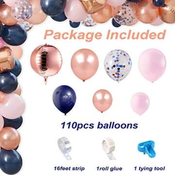 Rose Gold Navy Pink Balloon Garland Kit, 115pcs Balloons Included Rose Gold 4D Foil Balloons Navy Rose Gold Confetti Balloons Ideal for Girls Birthday Bridal Shower Gender Reveal Party Decorations