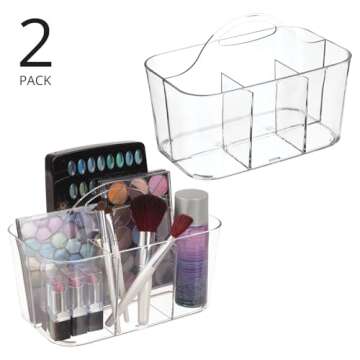 mDesign Plastic Makeup Storage Organizer Caddy Tote, Divided Basket Bin, Handle for Bathroom, Hold E...