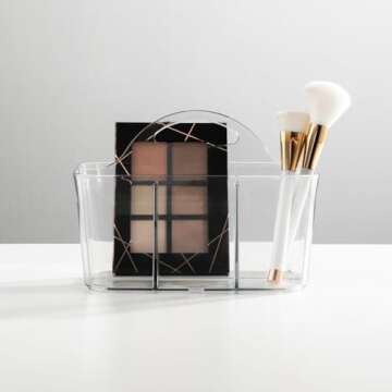 mDesign Plastic Makeup Storage Organizer Caddy Tote, Divided Basket Bin, Handle for Bathroom, Hold Eyeshadow Palettes, Nail Polish, Brushes, Shower Essentials, Small, Lumiere Collection, 2 Pack, Clear