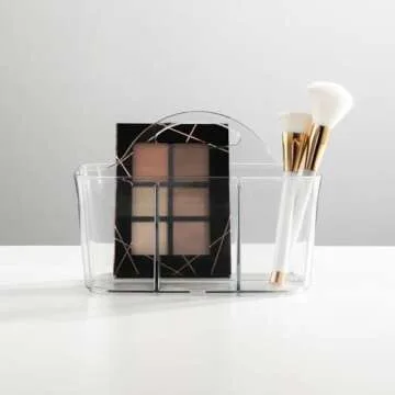 mDesign Plastic Makeup Storage Organizer Caddy Tote, Divided Basket Bin, Handle for Bathroom, Hold Eyeshadow Palettes, Nail Polish, Brushes, Shower Essentials, Small, Lumiere Collection, 2 Pack, Clear