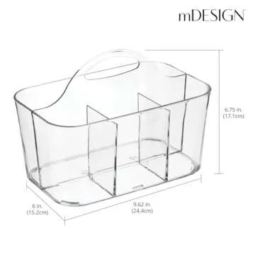 mDesign Plastic Makeup Storage Organizer Caddy Tote, Divided Basket Bin, Handle for Bathroom, Hold Eyeshadow Palettes, Nail Polish, Brushes, Shower Essentials, Small, Lumiere Collection, 2 Pack, Clear