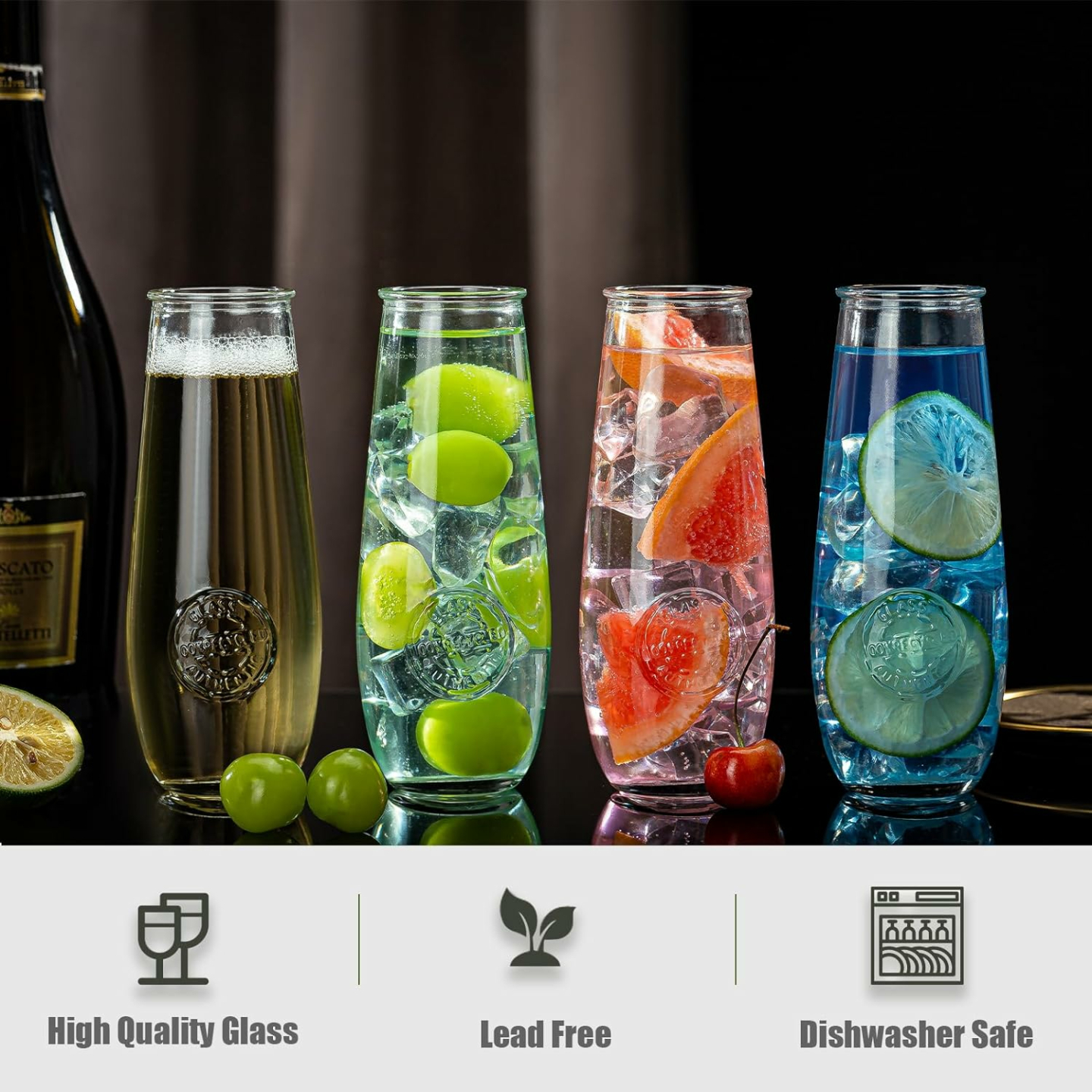 Elegant Stemless Champagne Flutes Set of 24