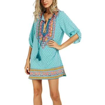 Women Bohemian Neck Tie Vintage Printed Ethnic Style Summer Shift Dress (2XL, Pattern 18)