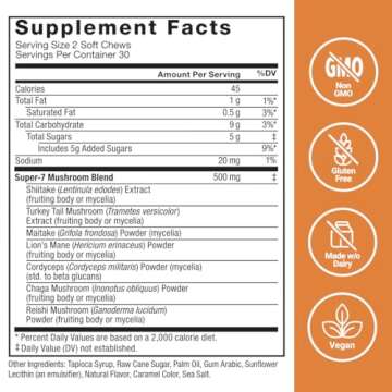 Force Factor Modern Mushrooms Soft Chews, Mushroom Supplement with Lions Mane, Turkey Tail, & Cordyceps to Support Energy, Focus, Immunity, & Digestion, Cinnamon Roll, 60 Soft Chews