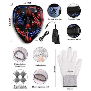 Halloween Mask Skeleton Gloves Set, Halloween Costumes ​Gifts for Men Women Boys Girls, 3 Modes Light Up Scary LED Mask with LED Glow Gloves, Halloween Decorations Scary Scream Anonymous Mask