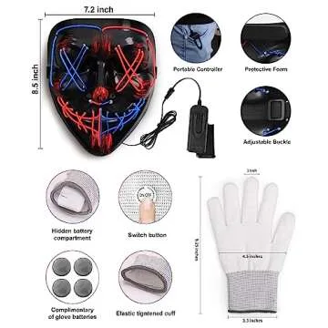 Halloween Mask Skeleton Gloves Set, Halloween Costumes ​Gifts for Men Women Boys Girls, 3 Modes Light Up Scary LED Mask with LED Glow Gloves, Halloween Decorations Scary Scream Anonymous Mask