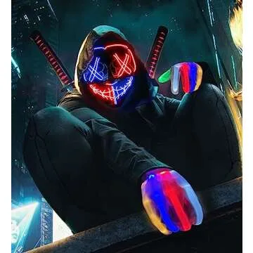 Halloween Mask Skeleton Gloves Set, Halloween Costumes ​Gifts for Men Women Boys Girls, 3 Modes Light Up Scary LED Mask with LED Glow Gloves, Halloween Decorations Scary Scream Anonymous Mask