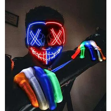Halloween Mask Skeleton Gloves Set, Halloween Costumes ​Gifts for Men Women Boys Girls, 3 Modes Light Up Scary LED Mask with LED Glow Gloves, Halloween Decorations Scary Scream Anonymous Mask