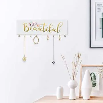 SANY DAYO HOME Hello Beautiful Wall Mount Necklace Holder Organizer with 9 Jewelry Hooks for Ring, Hair Bow, Headband, Purse - Wall Decor for Girls Room