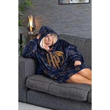 Harry Potter Vuddie Oversized Blanket Hoodie Men Women in Navy Blue | Ladies Mens Icons and Logo Fluffy Fleece Pullover