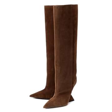 CAGLGLZ Women's Pointed Toe Slope Heel Knee High Boots Special High Wedge Heel Pull On Boots for Wom...