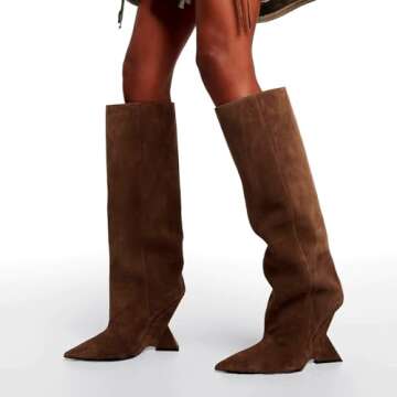 CAGLGLZ Women's Pointed Toe Slope Heel Knee High Boots Special High Wedge Heel Pull On Boots for Women Fashion Commuter Tall Boots(8,brown)