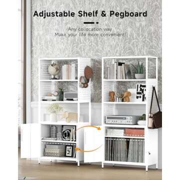 Yizosh 5-Tier Bookshelf, Tall Bookcase with Doors, Modern Display Cabinet with Lock & Pegboard, Metal Storage Organizer Shelves for Living Room, Bedroom, Home Office (White)