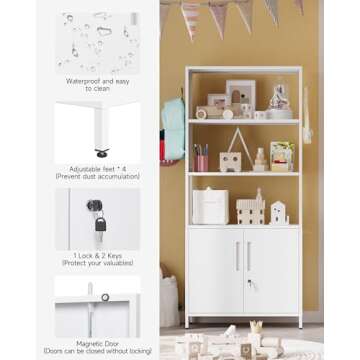 Yizosh 5-Tier Bookshelf, Tall Bookcase with Doors, Modern Display Cabinet with Lock & Pegboard, Metal Storage Organizer Shelves for Living Room, Bedroom, Home Office (White)