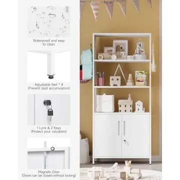 Yizosh 5-Tier Bookshelf, Tall Bookcase with Doors, Modern Display Cabinet with Lock & Pegboard, Metal Storage Organizer Shelves for Living Room, Bedroom, Home Office (White)