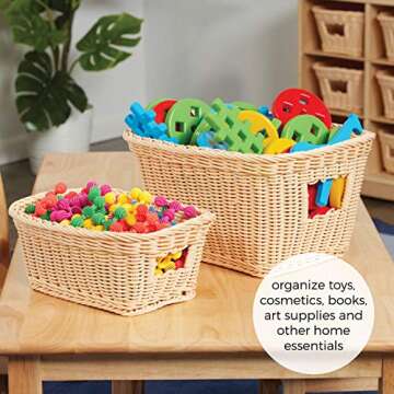 ECR4Kids Woven Plastic Basket with Handle for Storage and Organization, Medium