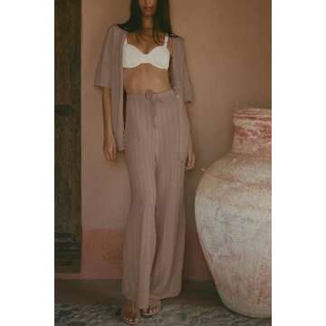 Imily Bela Women's Summer 2 Piece Swimsuit Cover up Crochet Knit Cardigan Tops Long Pants Set Bathin...