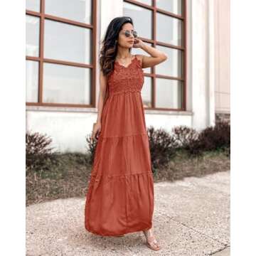 Dokuritu Beach Crochet Lace Maxi Dress Boho Cocktail Vacation Sundresses Summer Spaghetti Strap Long Dress Women Wedding Guest Dress 2024(Brickred,S)