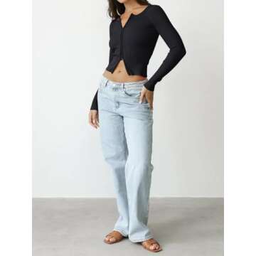 REORIA Womens Fall Outfits Trendy Double Zip Up Crew Neck Long Sleeve Tops Lightweight Soft Knit Cro...